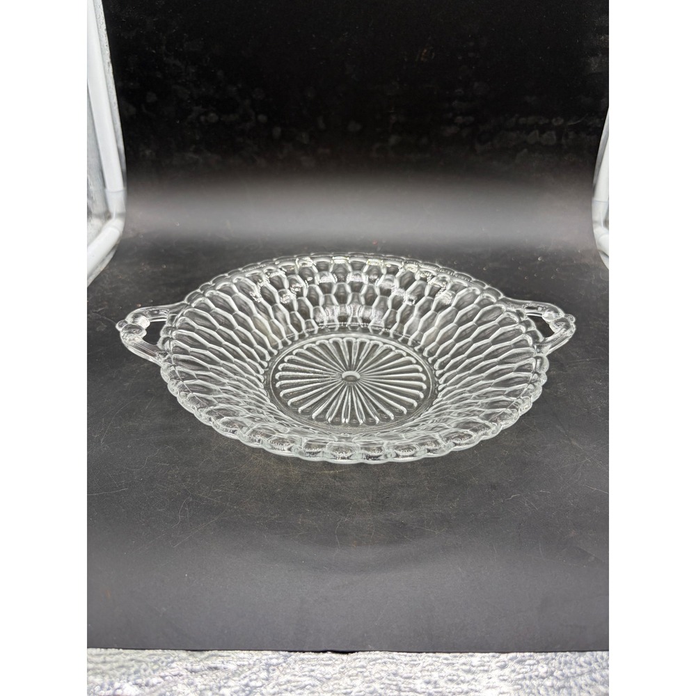 Vintage Clear Pressed Glass Honeycomb Bowl Scalloped Edge Double Handle 11 inch